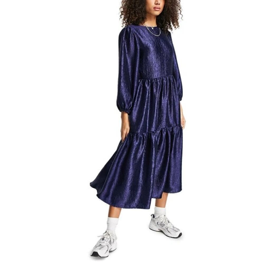 Topshop Textured Dress Jacquard Balloon Sleeve Open Back Midi Navy Blue NWT 8